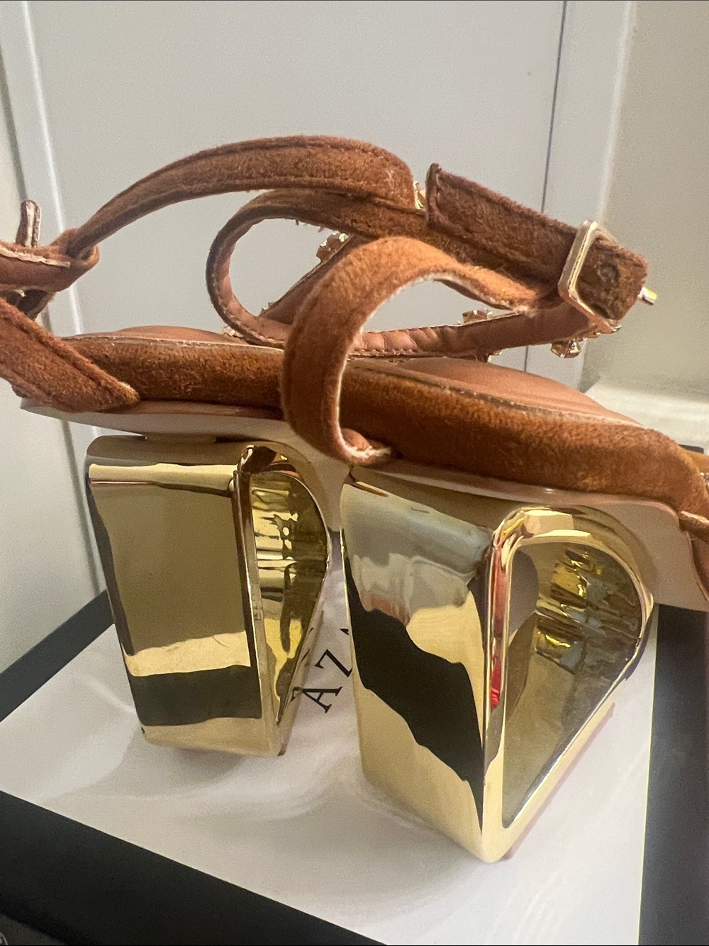 Azalea Wang Crystal-T-Strap Tan Suede Heels - Picture 4 of 7